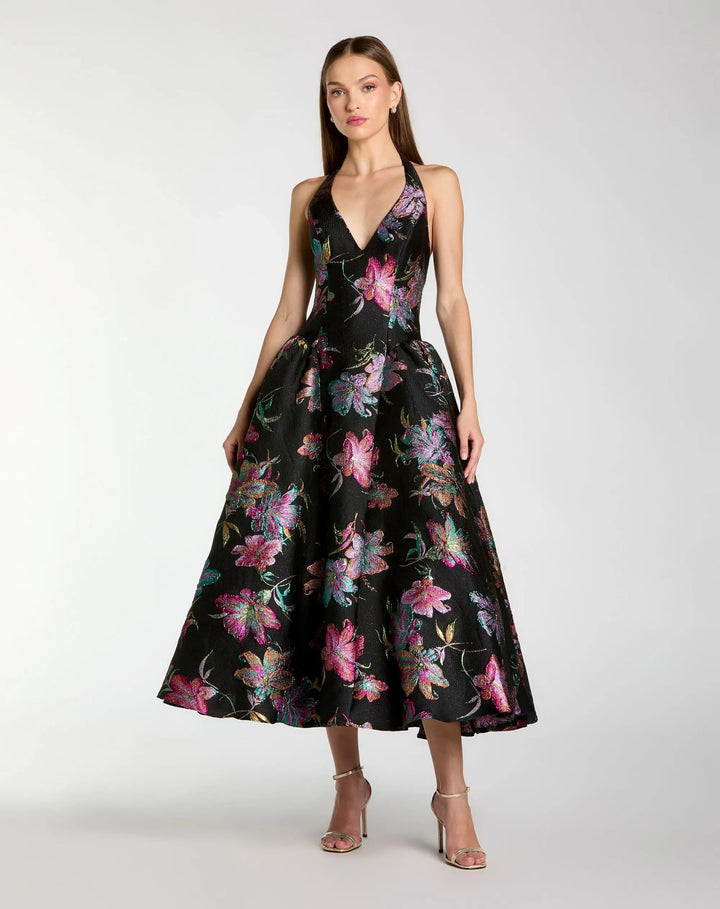 Mac Duggal 13297 Brocade Halter Neck Open Back Midi Dress