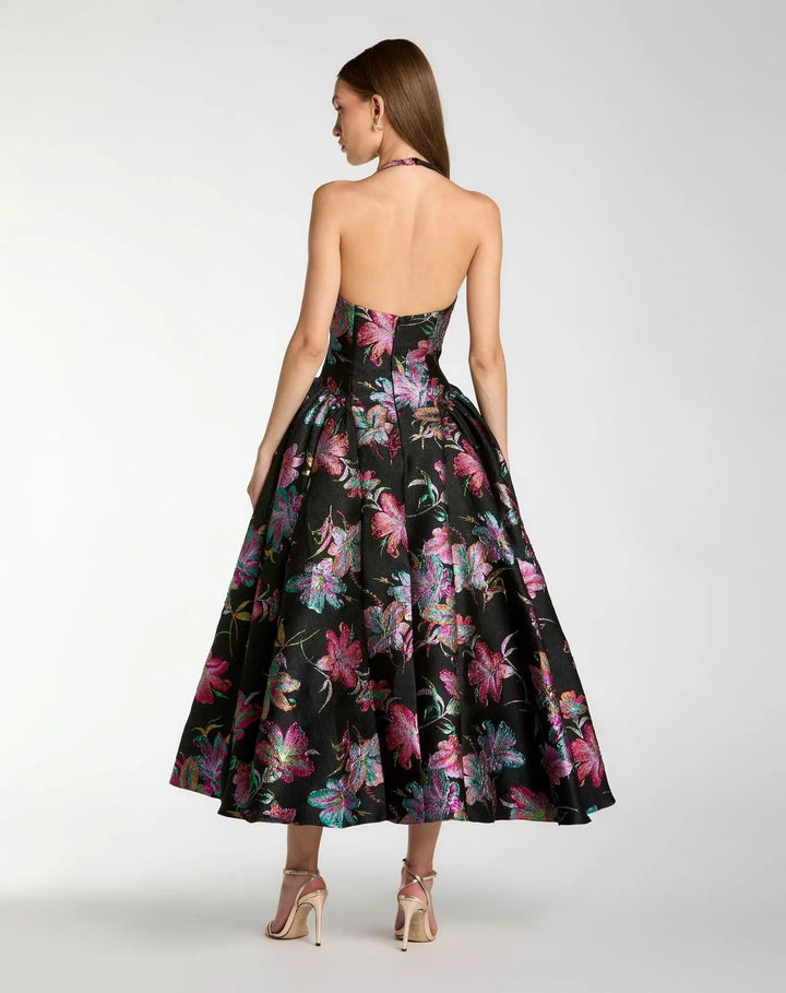 Mac Duggal 13297 Brocade Halter Neck Open Back Midi Dress