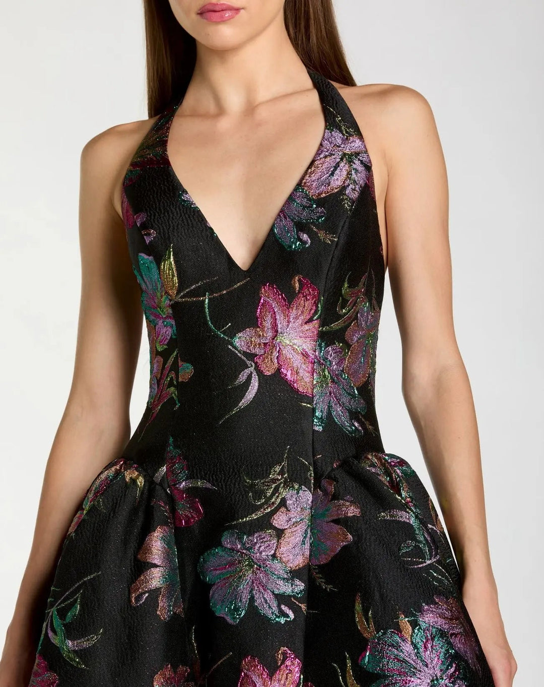 Mac Duggal 13297 Brocade Halter Neck Open Back Midi Dress