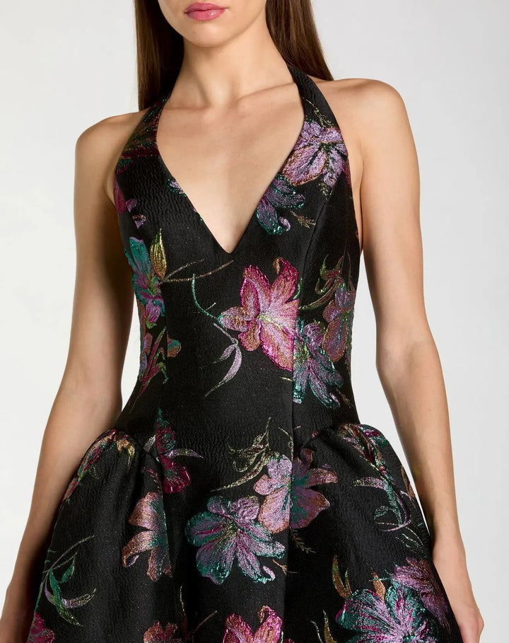 Mac Duggal 13297 Brocade Halter Neck Open Back Midi Dress
