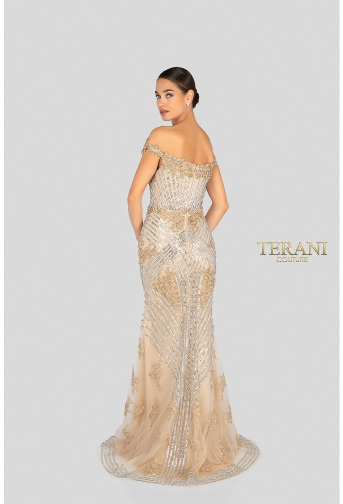 Terani 1912GL9572 Sweetheart Off-the-Shoulder Corset fit-and-flare Dress