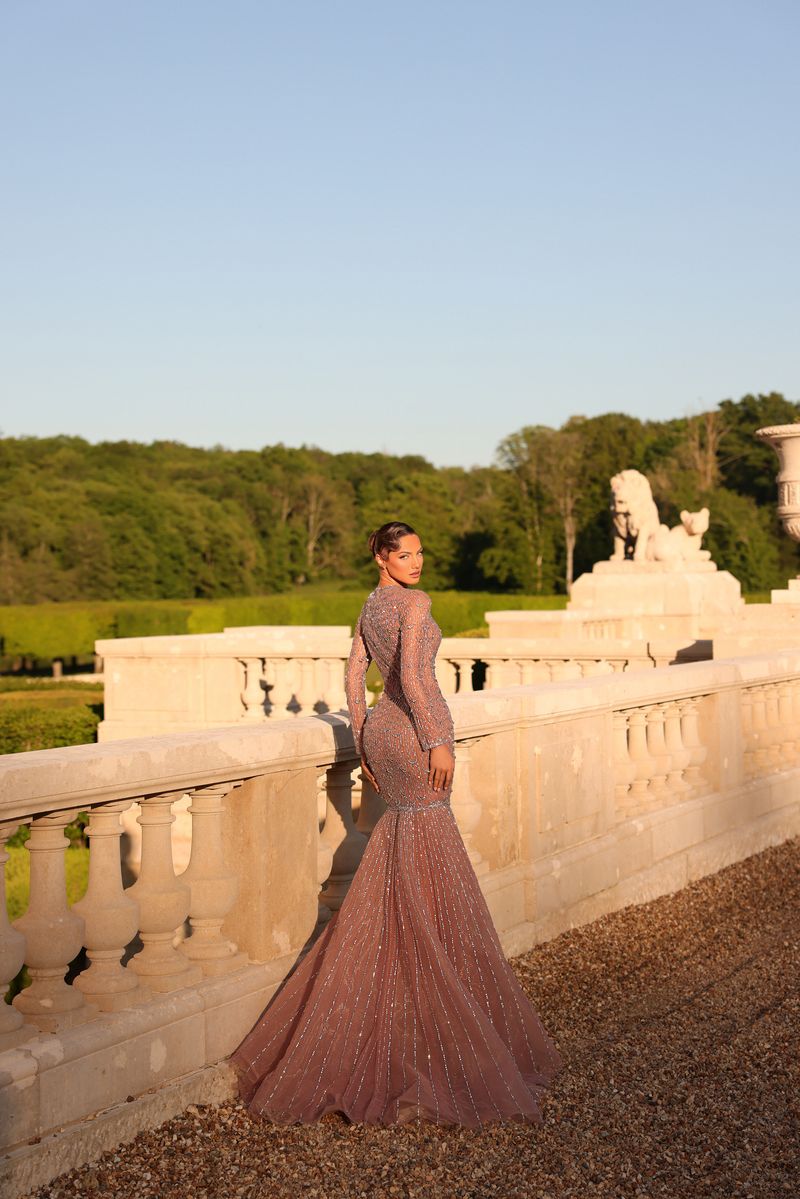 Chic & Holland HF110615 Crew Neckline Long Sleeves Beaded Mermaid Couture Dress
