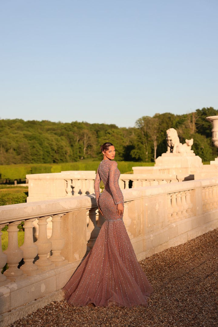 Chic & Holland HF110615 Crew Neckline Long Sleeves Beaded Mermaid Couture Dress