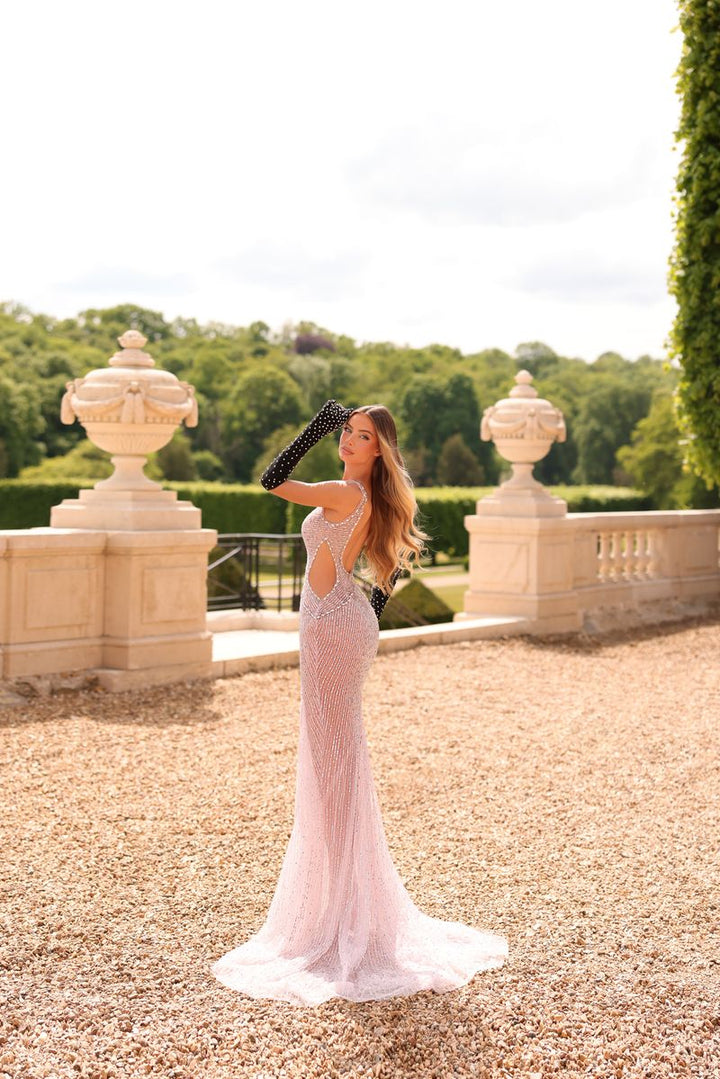 Chic & Holland EW990069 Sweetheart Illusion Cut Out Linear Beaded High Slit Evening Dress