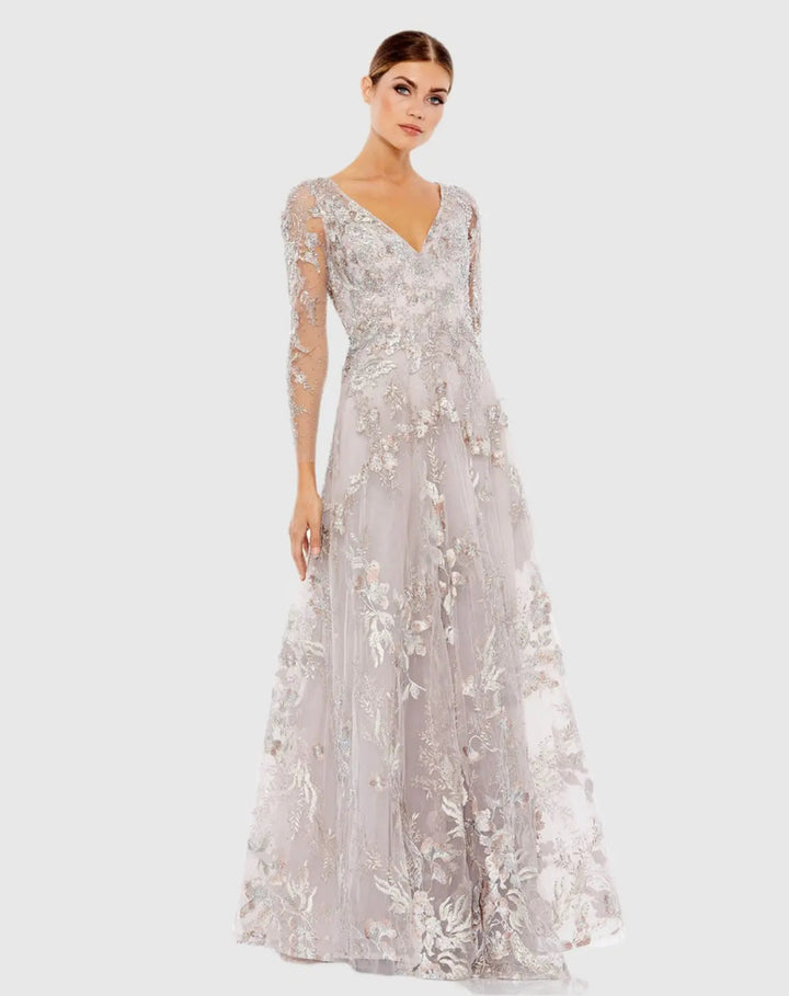 Mac Duggal 20245 Embroidered Illusion Long Sleeve A Line Gown