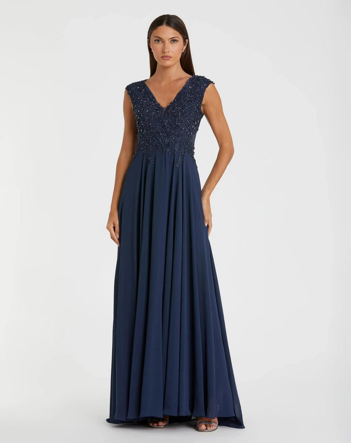 Mac Duggal 20264 Light Cap Sleeve Applique Bodice Flowy Gown