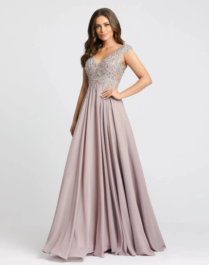 Mac Duggal 20264 Light Cap Sleeve Applique Bodice Flowy Gown