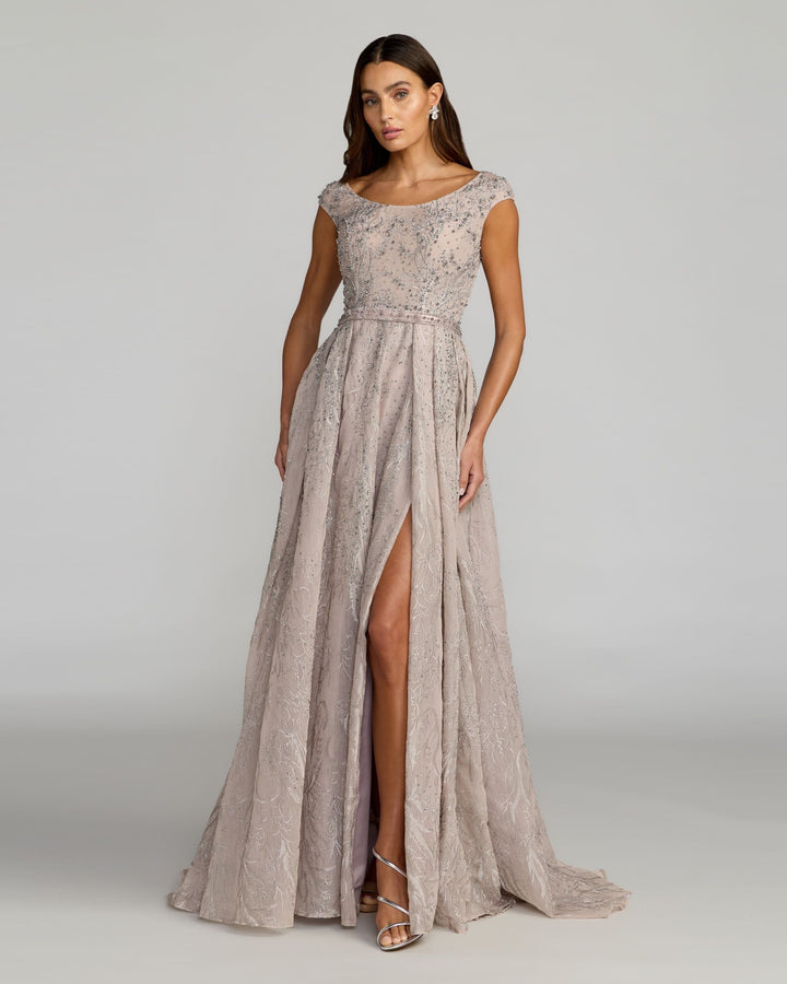 Mac Duggal 20374 Beaded Cap Sleeve A-Line Gown with Slit