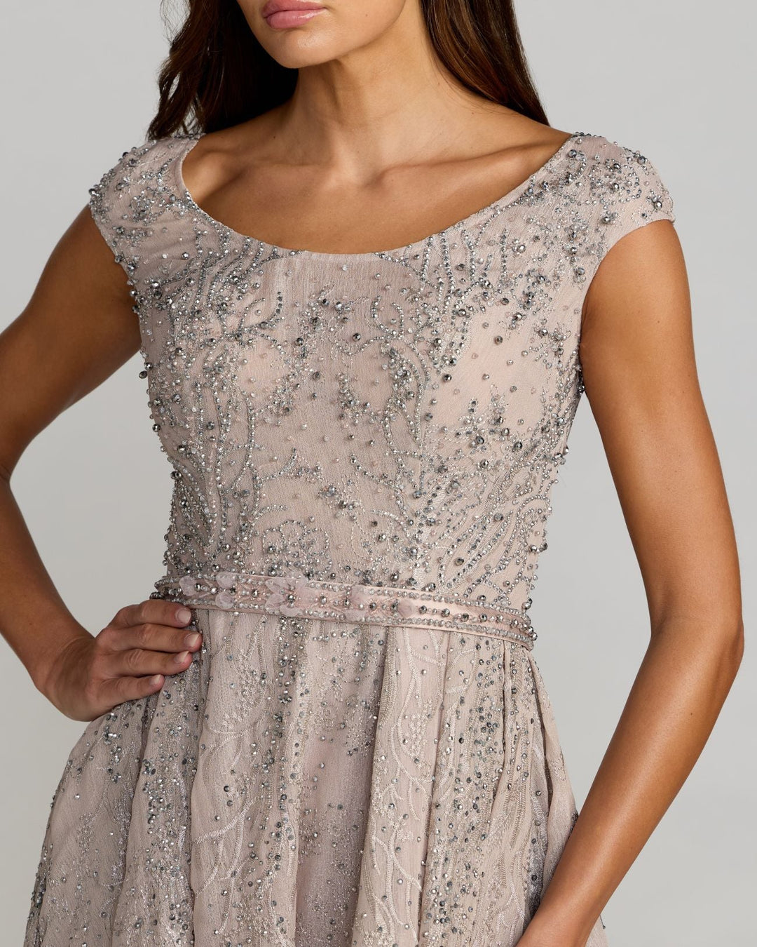 Mac Duggal 20374 Beaded Cap Sleeve A-Line Gown with Slit