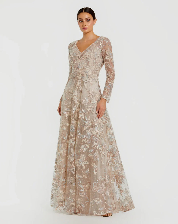 Mac Duggal 20409 Embroidered Long Sleeve A-Line Gown