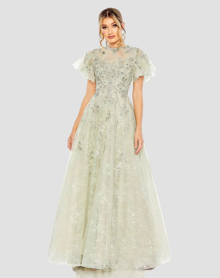 Mac Duggal 20450 Embroidered Tulle Flutter Sleeve A-line Gown