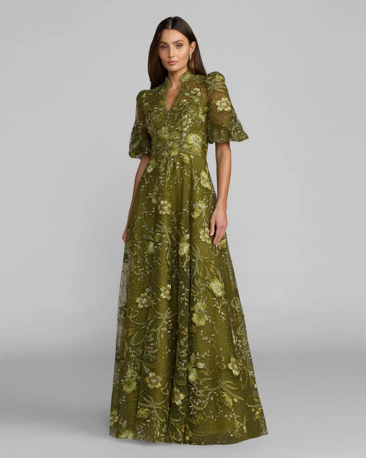 Mac Duggal 20452 Queen Anne Puff Sleeve Embroidered A-Line Dress
