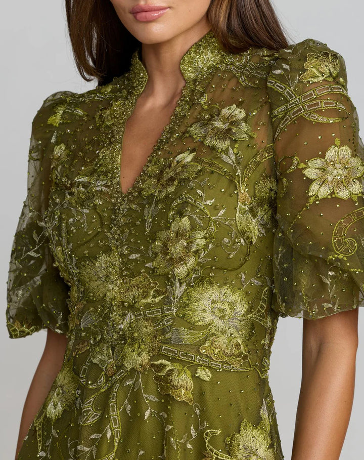 Mac Duggal 20452 Queen Anne Puff Sleeve Embroidered A-Line Dress