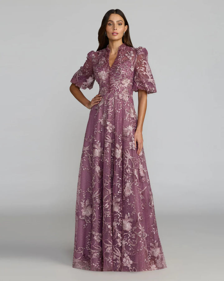 Mac Duggal 20452 Queen Anne Puff Sleeve Embroidered A-Line Dress
