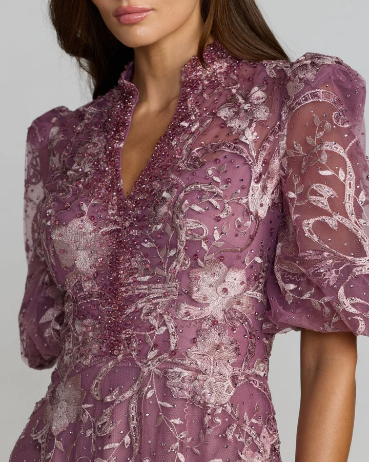 Mac Duggal 20452 Queen Anne Puff Sleeve Embroidered A-Line Dress