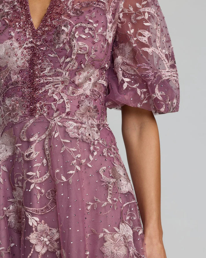 Mac Duggal 20452 Queen Anne Puff Sleeve Embroidered A-Line Dress