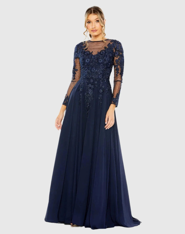 Mac Duggal 20478 High Neck Mesh Long Sleeve Embellished A Line Gown
