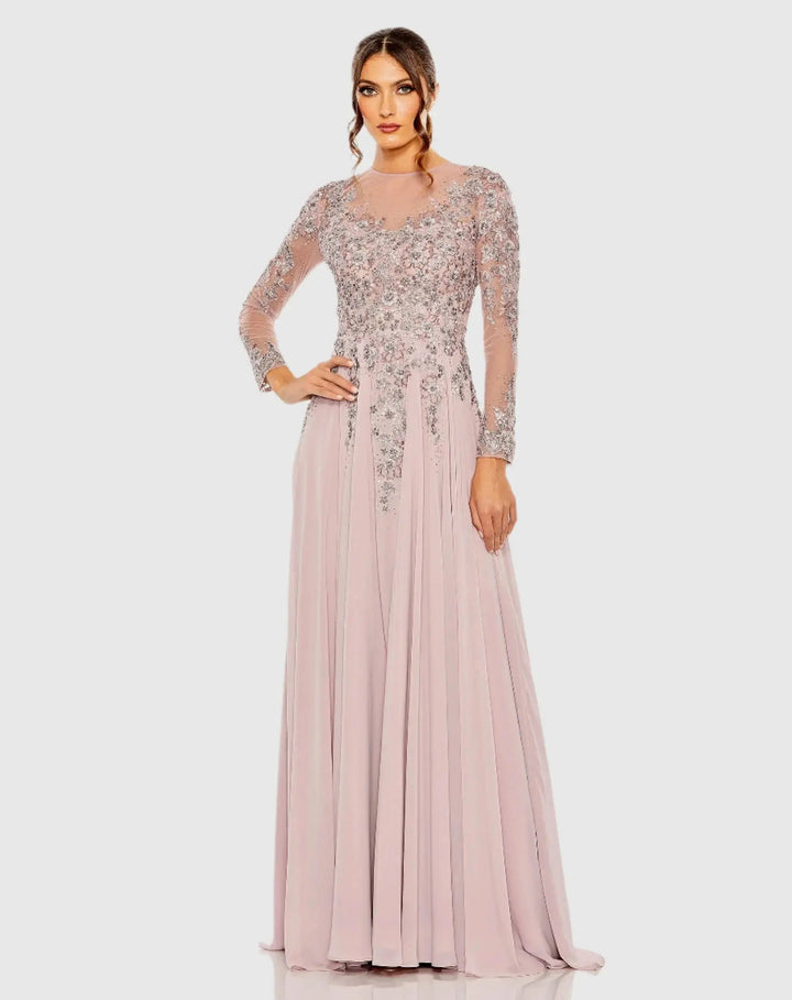 Mac Duggal 20478 High Neck Mesh Long Sleeve Embellished A Line Gown