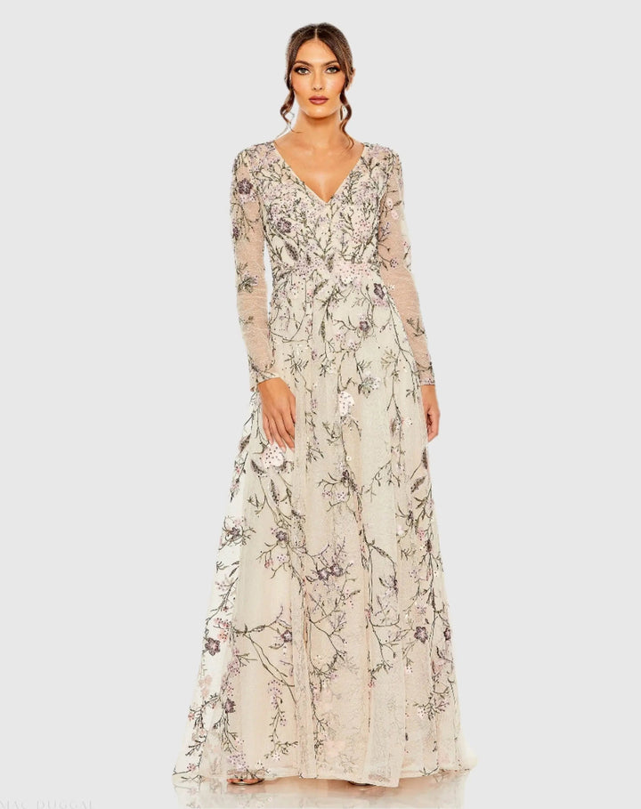 Mac Duggal 20480 V-Neck Long Sleeve Embroidered A-Line Floral Gown