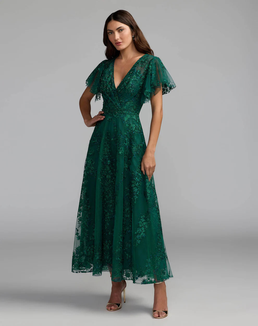 Mac Duggal 20486 Embroidered Flutter Sleeve A Line Dress