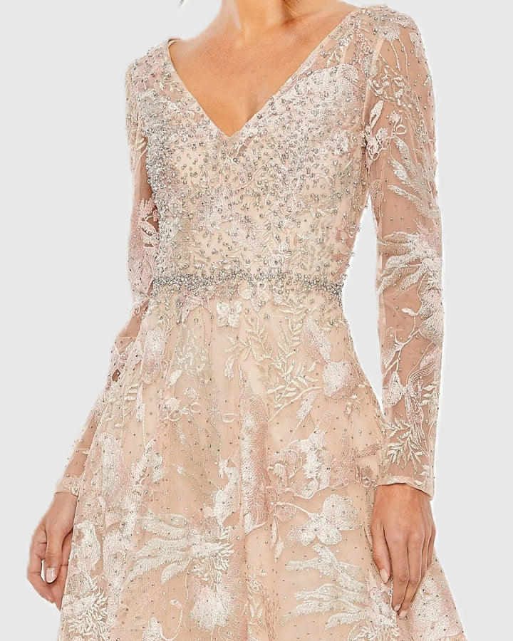 Mac Duggal 20489 Embroidered Long Sleeve Midi Dress