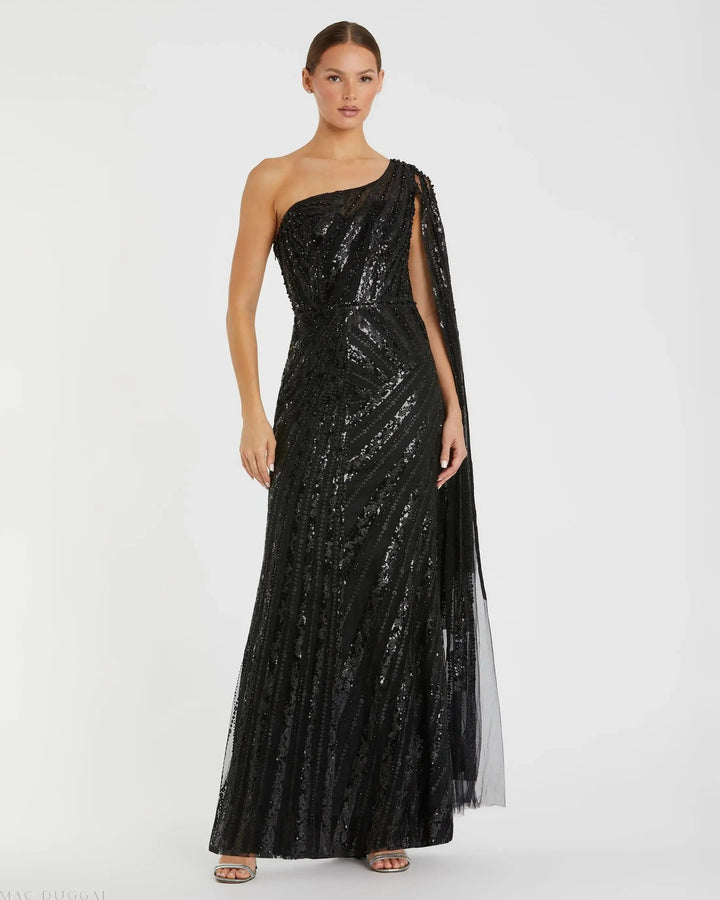 Mac Duggal 20528 One Shoulder Cape Sleeve Embellished Gown