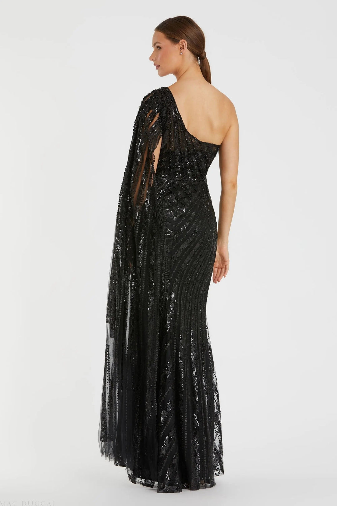 Mac Duggal 20528 One Shoulder Cape Sleeve Embellished Gown