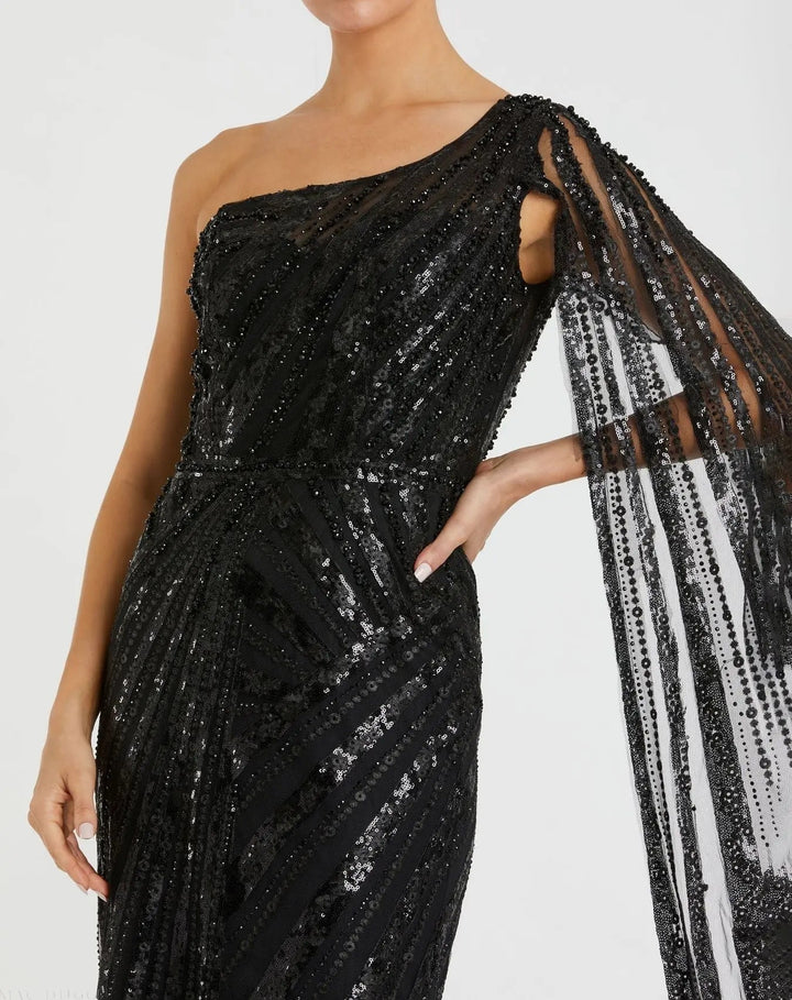 Mac Duggal 20528 One Shoulder Cape Sleeve Embellished Gown