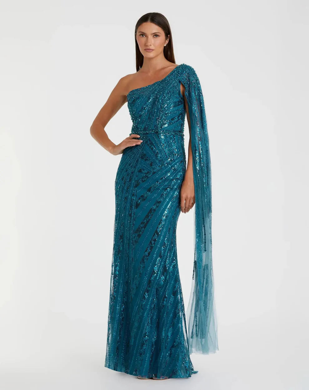 Mac Duggal 20528 One Shoulder Cape Sleeve Embellished Gown