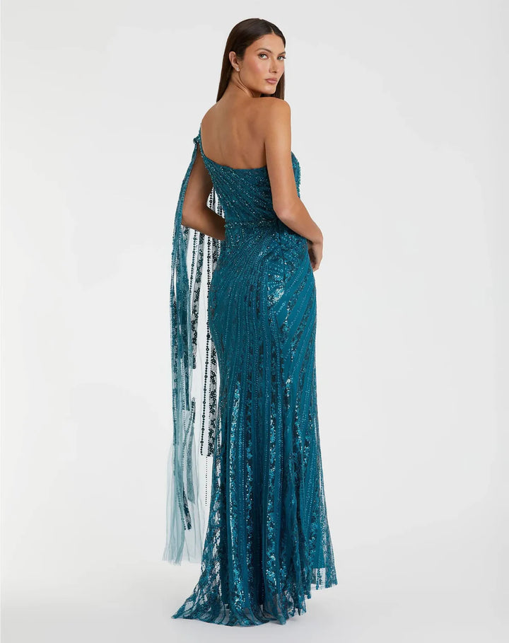 Mac Duggal 20528 One Shoulder Cape Sleeve Embellished Gown
