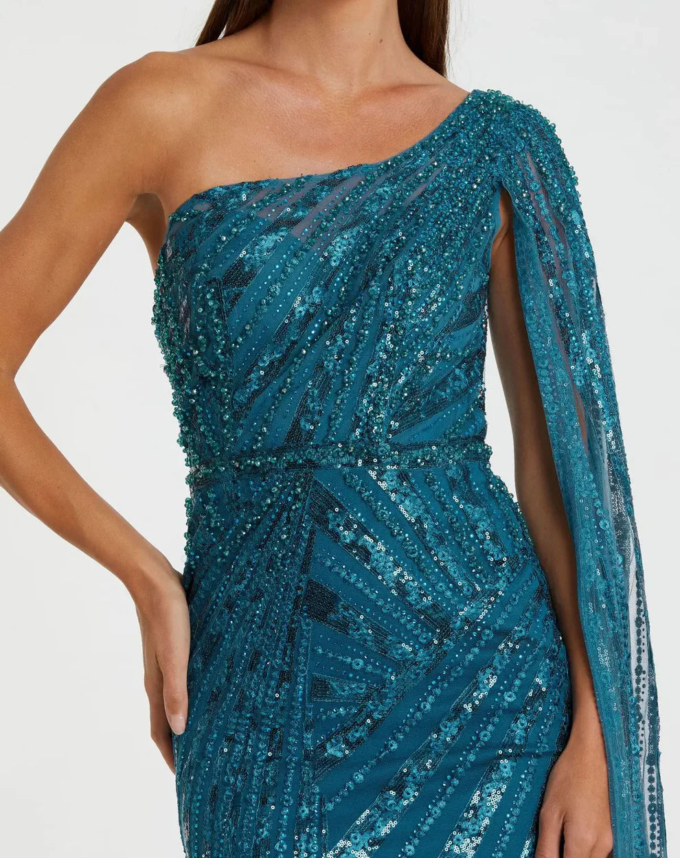 Mac Duggal 20528 One Shoulder Cape Sleeve Embellished Gown