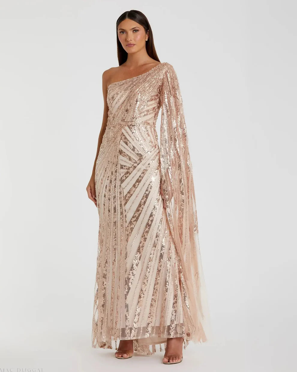 Mac Duggal 20528 One Shoulder Cape Sleeve Embellished Gown