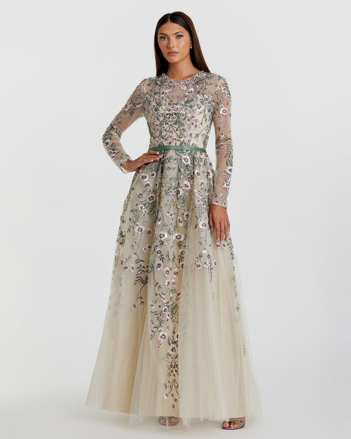 Mac Duggal 20580 Long Sleeve Floral Embellished A-Line Gown