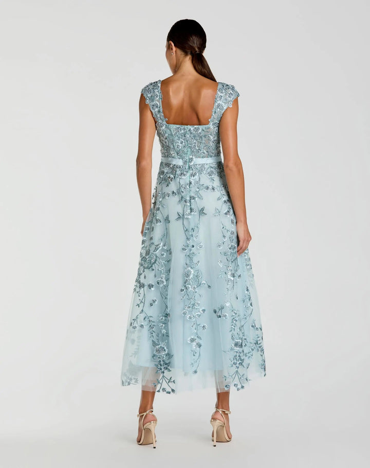 Blue Floral Embroidered Sweetheart Neckline Midi Dress - FOSTANI.com