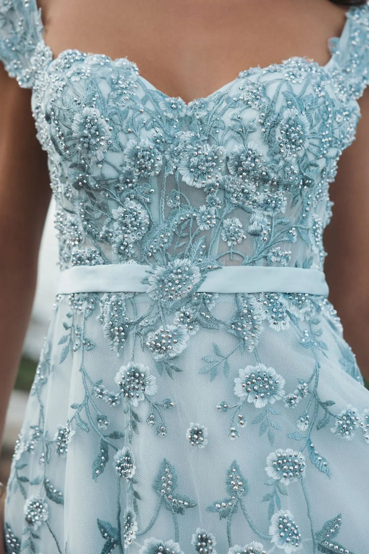 Blue Floral Embroidered Sweetheart Neckline Midi Dress - FOSTANI.com
