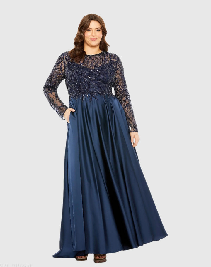 Mac Duggal 20619 Sheer Long Sleeve Beaded Top Satin Gown (Plus)