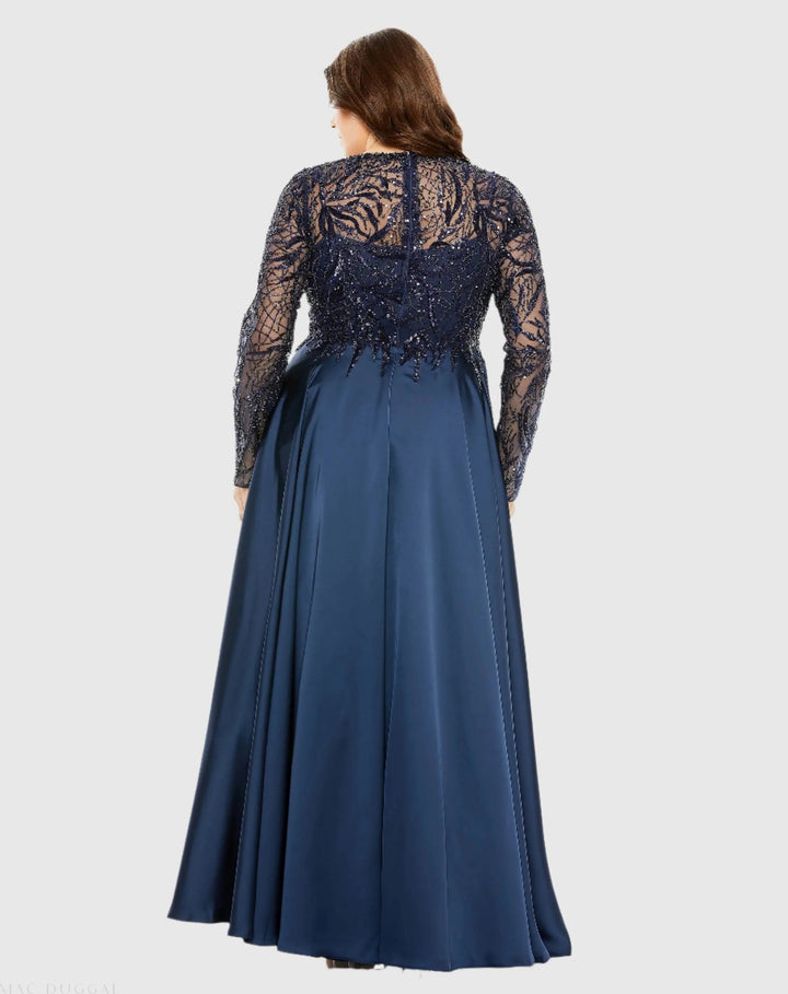 Mac Duggal 20619 Sheer Long Sleeve Beaded Top Satin Gown (Plus)