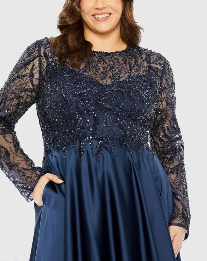 Mac Duggal 20619 Sheer Long Sleeve Beaded Top Satin Gown (Plus)