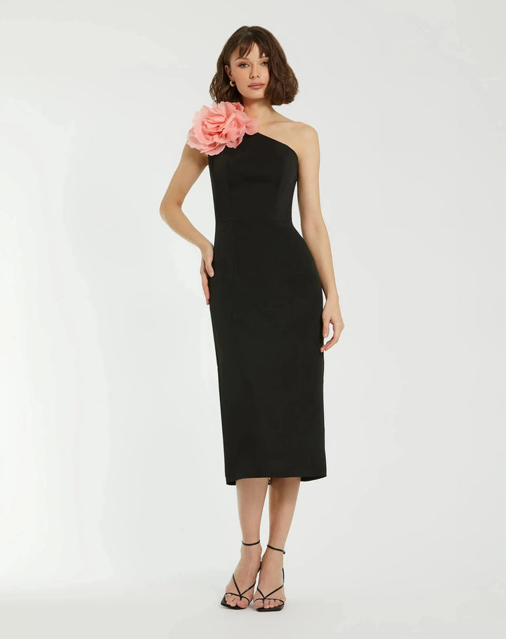 Mac Duggal 20933 Crepe One Shoulder Midi Dress With Flower