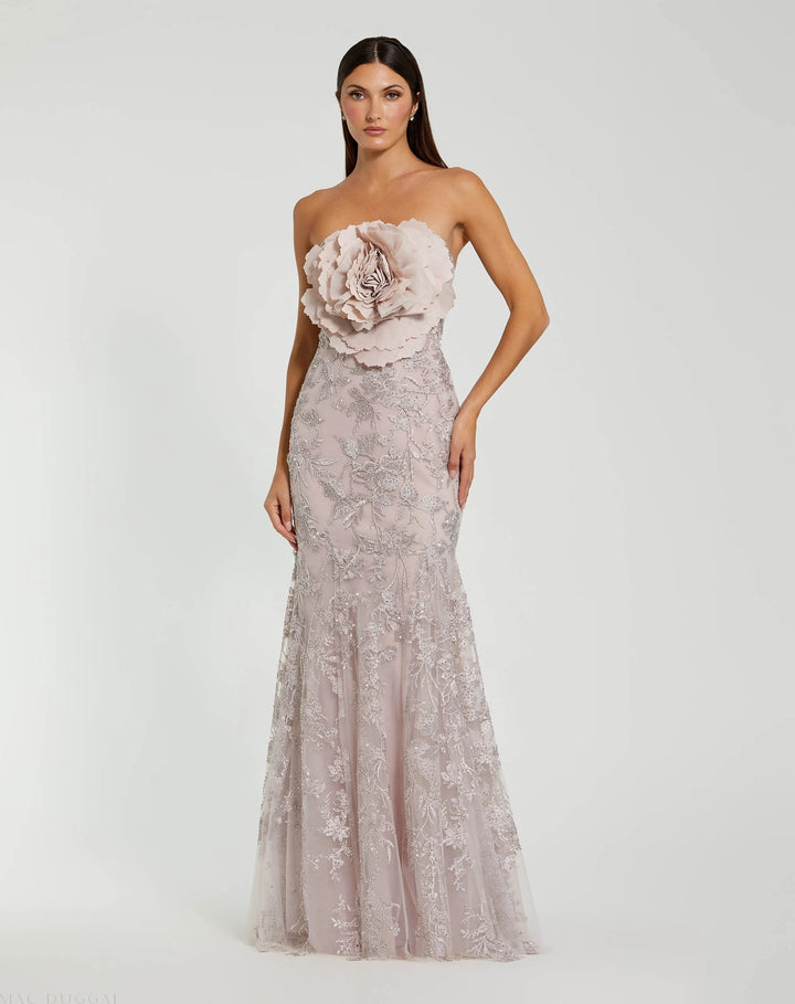 Mac Duggal 21036 Pink Strapless Lace Embellished Trumpet Gown With 3D Flower