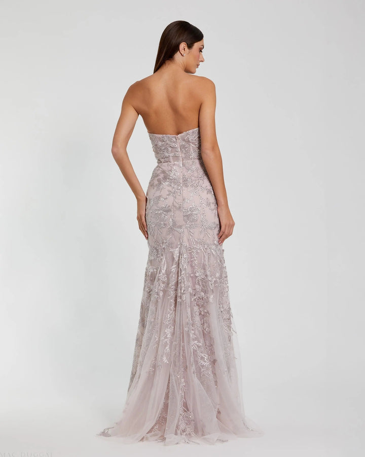 Mac Duggal 21036 Pink Strapless Lace Embellished Trumpet Gown With 3D Flower