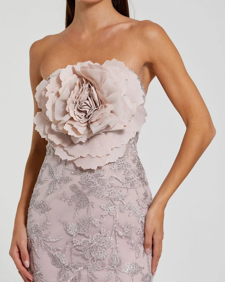 Mac Duggal 21036 Pink Strapless Lace Embellished Trumpet Gown With 3D Flower