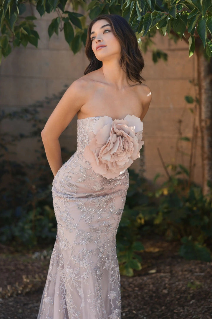 Mac Duggal 21036 Pink Strapless Lace Embellished Trumpet Gown With 3D Flower