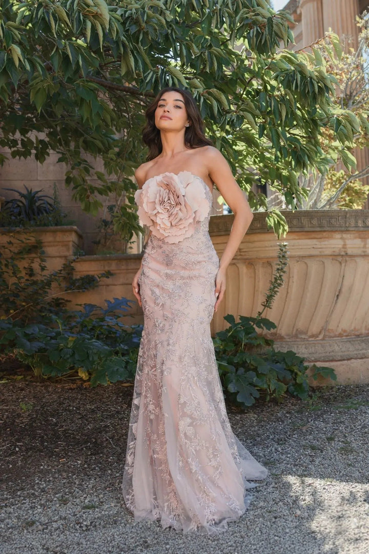Mac Duggal 21036 Pink Strapless Lace Embellished Trumpet Gown With 3D Flower