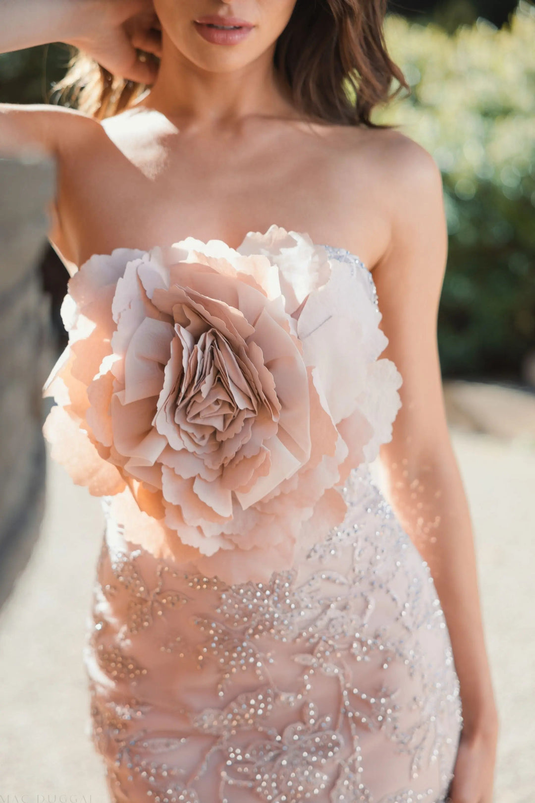 Mac Duggal 21036 Pink Strapless Lace Embellished Trumpet Gown With 3D Flower