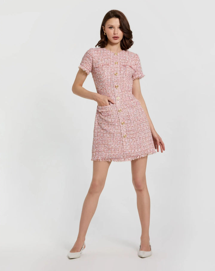 Mac Duggal 21072 Boucle Short Sleeve Mini Dress With Pockets