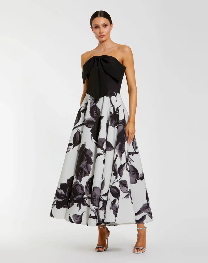 Mac Duggal 21151 and Floral Strapless Midi Dress With Bow