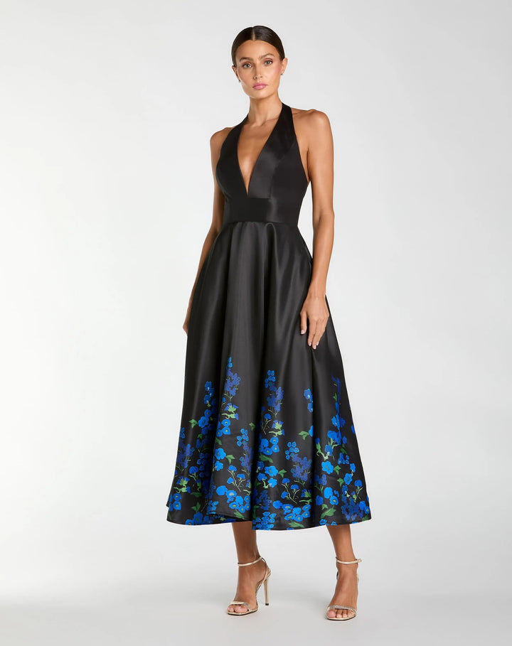 Black Halter Neck Floral Printed Satin Midi Dress - FOSTANI.com