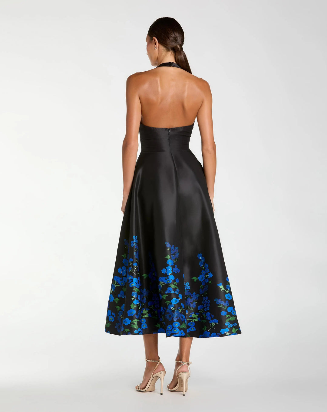 Black Halter Neck Floral Printed Satin Midi Dress - FOSTANI.com