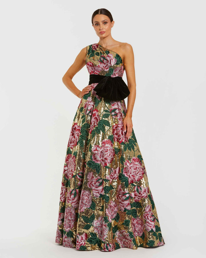Mac Duggal 21194 Multicolor One Shoulder Sequin Ball Gown With Velvet Bow